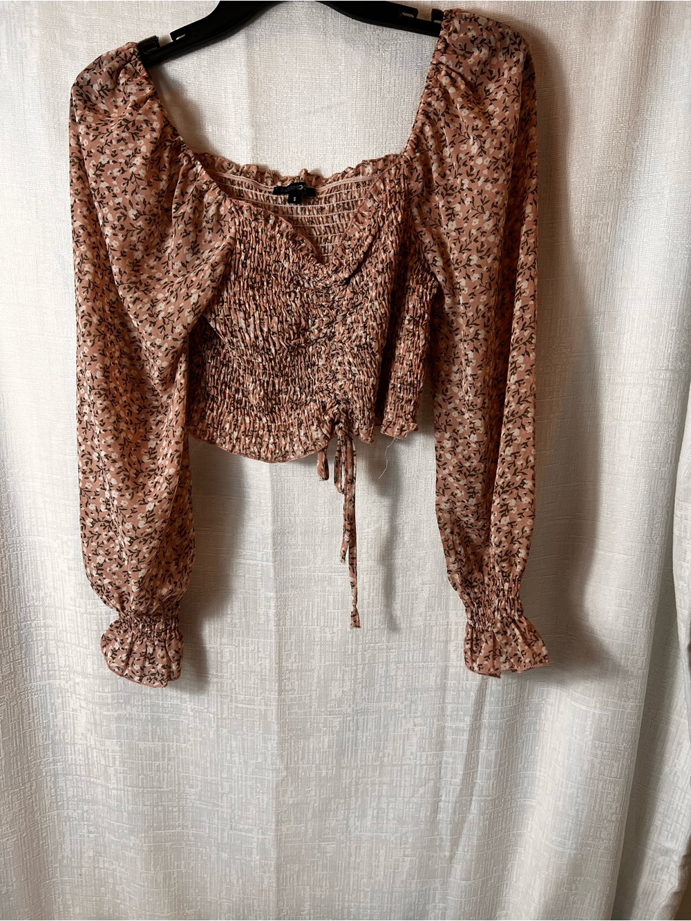 SMOCKED SQUARE -NECK Long-Sleeve Crop Top in Dusty Rose Floral Size SMALL